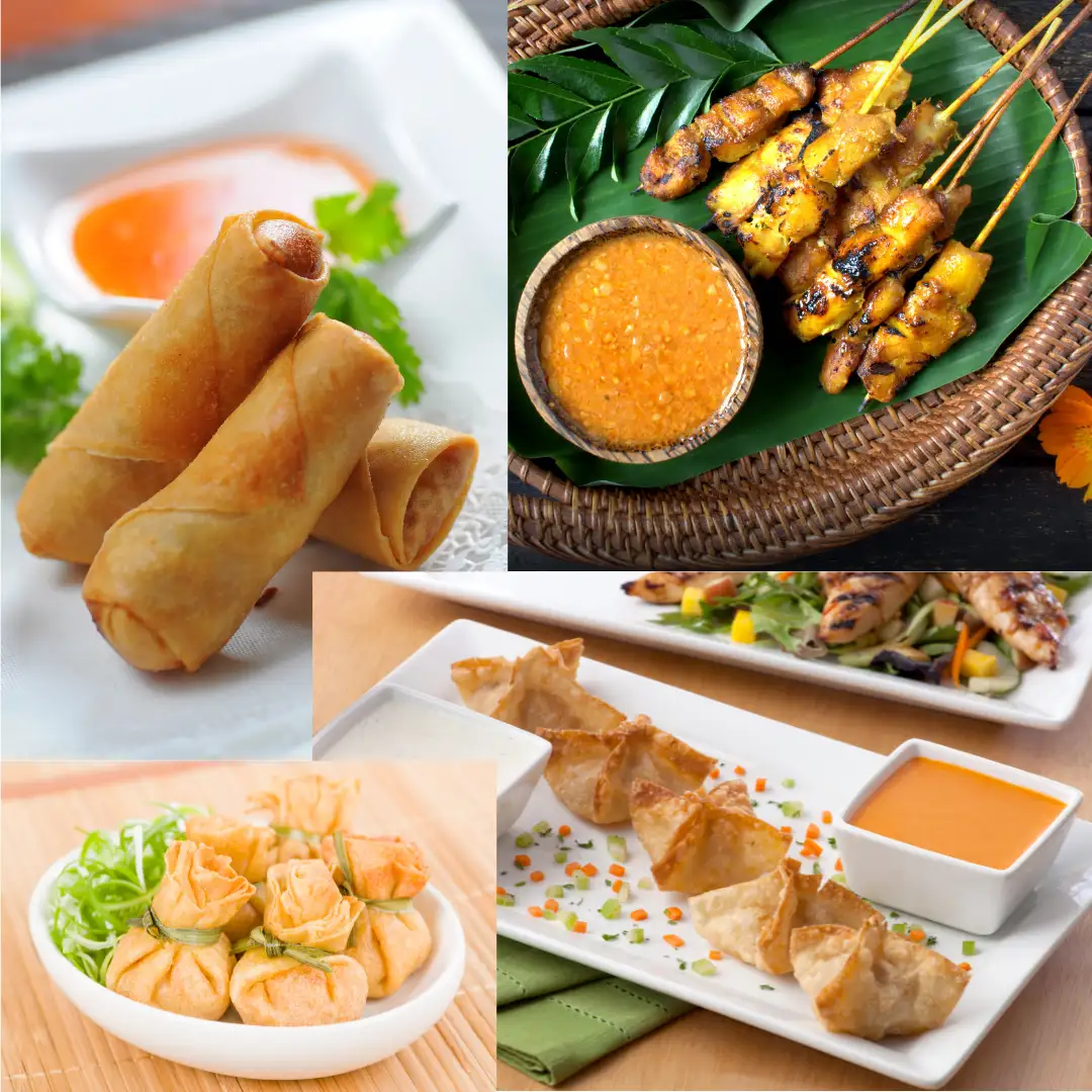 Asian Inspired Dipping Sauce with egg rolls, wontons, and chicken skewers