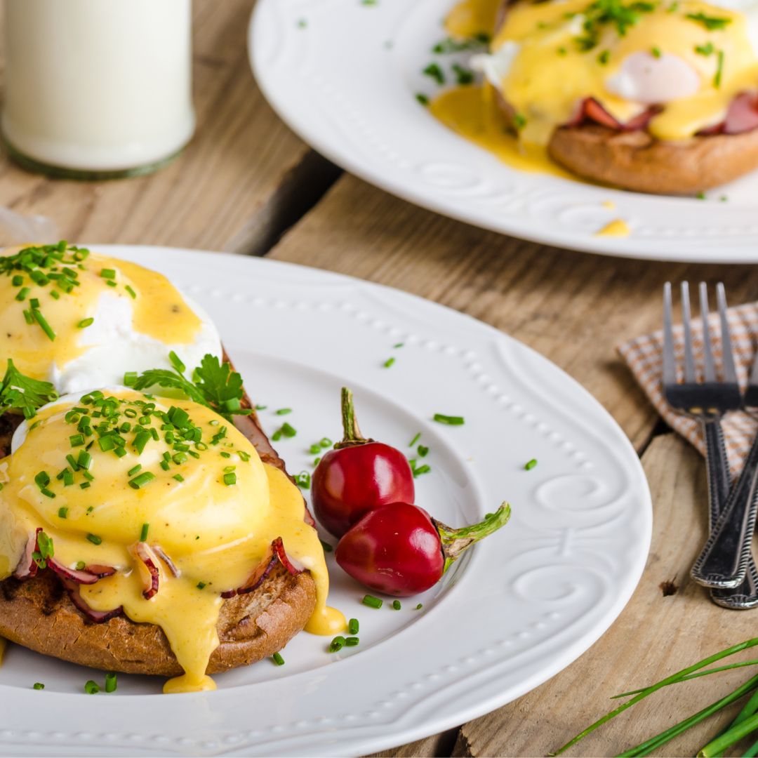 Island Style Hollandaise Sauce With Eggs Benedict Recipe on an English Muffin garnished with parsley