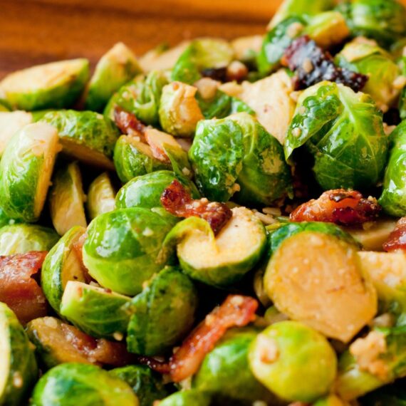 Passion Fruit Brussel Sprouts with passion Fruit Glazed Bacon and Macadamia Nuts
