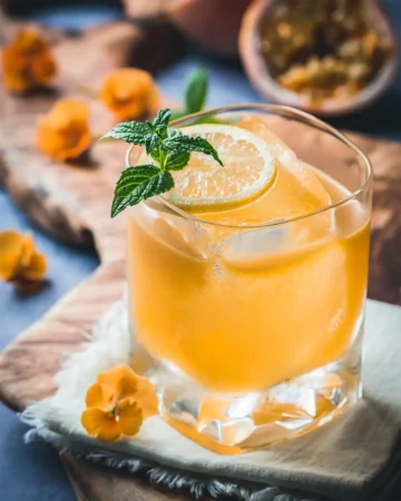 Passion Fruit Ginger Whiskey in a square glass with a lemon slice floating in the top and a sprig of mint as garnish