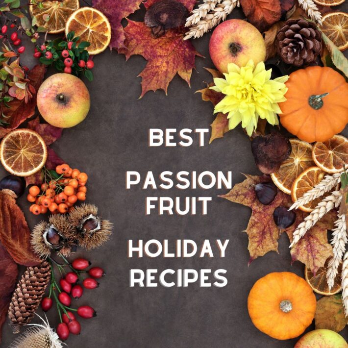 Best Passion Fruit Holiday Dessert Recipes with small pumpkins, cranberries and fall leaves