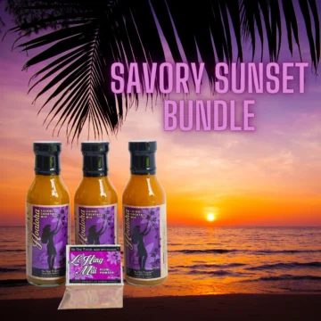Savory Sunset Bundle pictured in front of a sunset in Hawaii